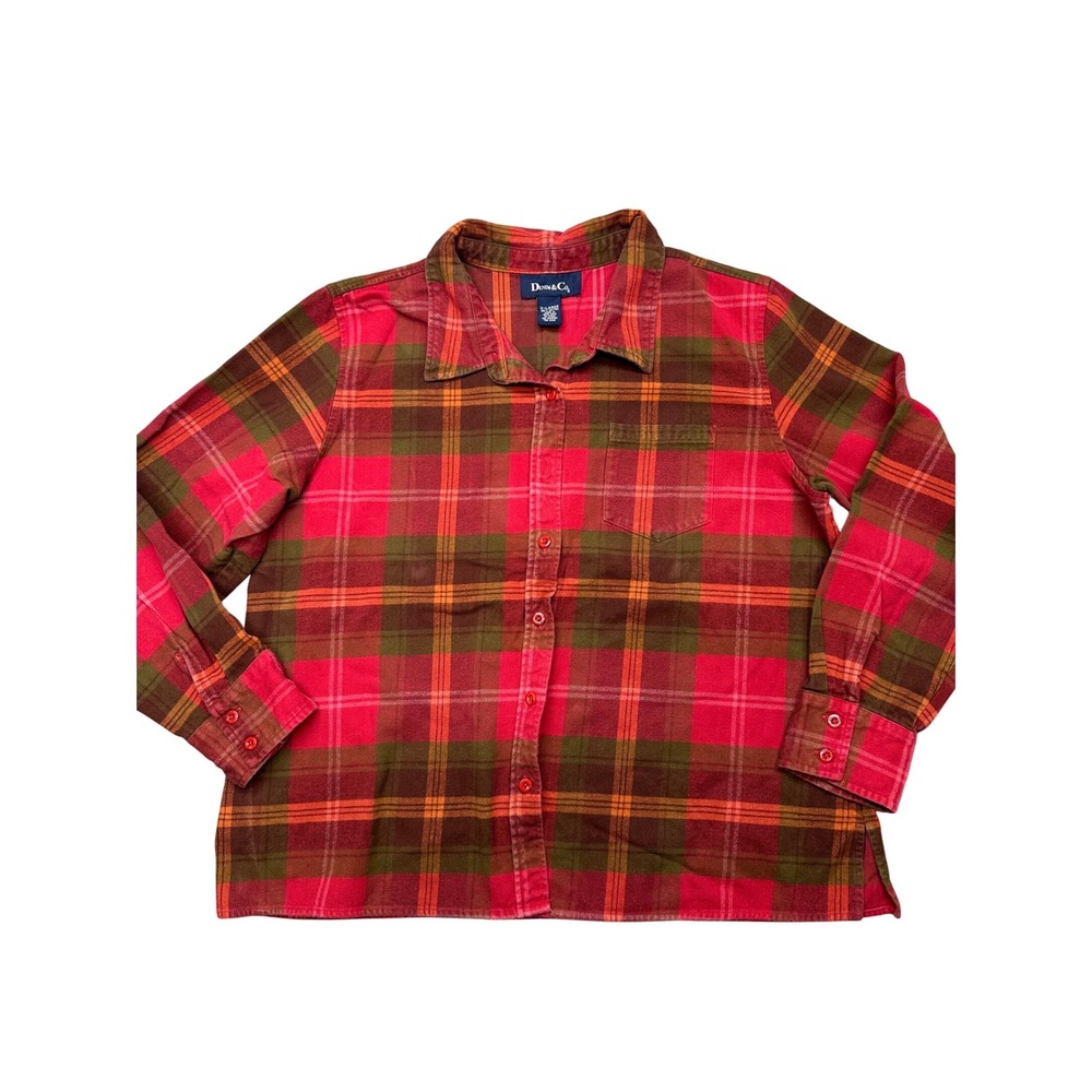 Denim & Co Flannel Button Down Shirt Mens XL Red Green Plaid Cotton Long Sleeve